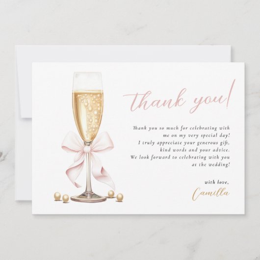 Roze Strik Parels & Prosecco Bruiloft Feest Bedankkaart (Voorkant)