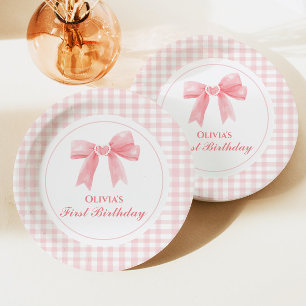 Roze strik preppy Coquette 1e verjaardag Papieren Bordje