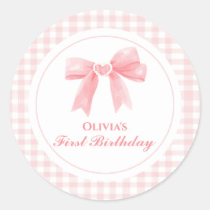 Roze strik preppy Coquette 1e verjaardag Ronde Sticker