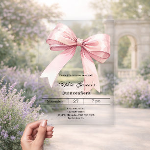 Roze strik Quinceanera luxe doorzichtig Acryl Uitnodigingen