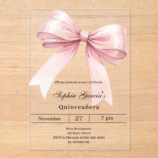 Roze strik Quinceanera luxe helder Acryl Uitnodigingen (Voorkant)