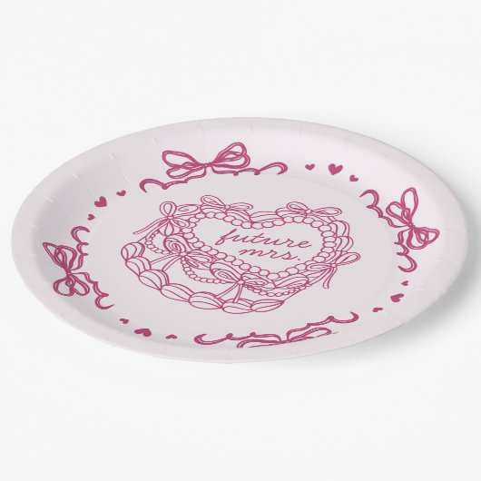 Roze Strik Retro Hart Coquette Cake Bruidsdouche Papieren Bordje (Gekanteld)