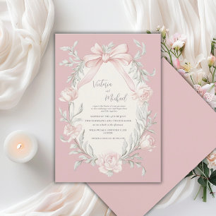 Roze Strik Roze Groene Vintage Trouw Kaart