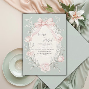 Roze Strik Roze Groene Vintage Trouw Kaart