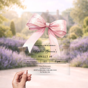 Roze strik Sweet 16 luxe clear Acryl Uitnodigingen