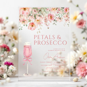 Roze Strik Verjaardagsbloemen & Prosecco Blush Bru Acryl Uitnodigingen