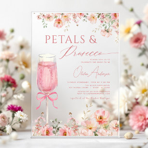Roze Strik Verjaardagsbloemen & Prosecco Blush Bru Acryl Uitnodigingen