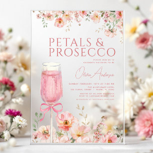 Roze Strik Verjaardagsbloemen & Prosecco Blush Bru Acryl Uitnodigingen
