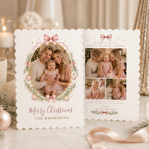 Roze Strik Vier Foto Kerst Familie Feestdagenkaart