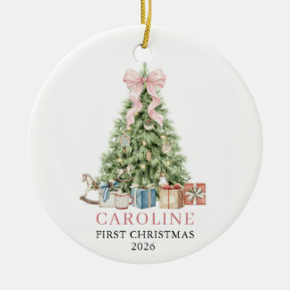 Roze strik voor eerste kerst van baby meisje foto keramisch ornament