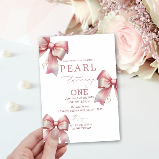 Roze strik Waterverf 1e verjaardag Kaart