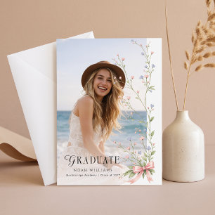 Roze Strik Wilde Bloem Foto Afstudeeraankondiging Briefkaart