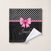 Roze strik zwart en wit Polka Dots Naam Bad Handdoek (Wasdoekje)
