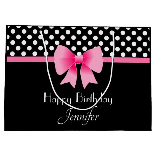 Roze strik zwart en wit Polka Dots Verjaardag Groot Cadeauzakje (Achterkant)