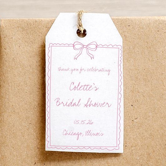 Roze strikborder handgetekende bruiloft cadeaulabel