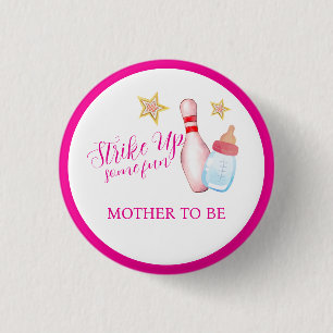 Roze Strike Up Bowling Moeder Wordt Baby Shower Ronde Button 3,2 Cm