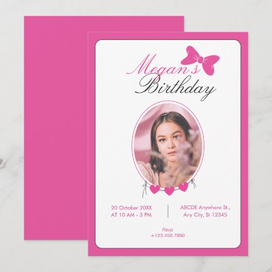 Roze strikje lint foto verjaardag kaart (Voorkant / Achterkant)