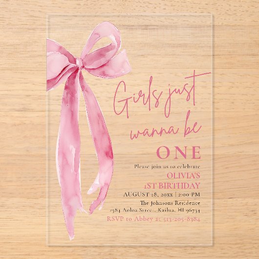 Roze strikje meisjes willen gewoon een 1e verjaard acryl uitnodigingen (Voorkant)