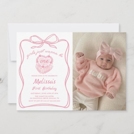 Roze strikje meisjes willen gewoon een verjaardags kaart (Voorkant)