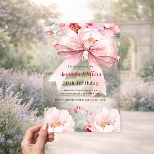Roze strikte bloemen helder verjaardags acryl uitnodigingen