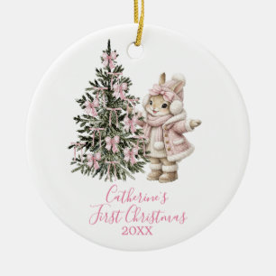 Roze Strikte Dennnenboom Kerstkonijn Winter Keramisch Ornament