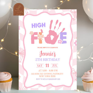 Roze Strikte Pastel Retro High Five Feest Verjaard Kaart