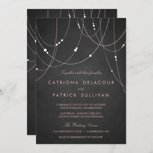 Roze String Lights Chalkboard Weddenschap Kaart (Voorkant / Achterkant)