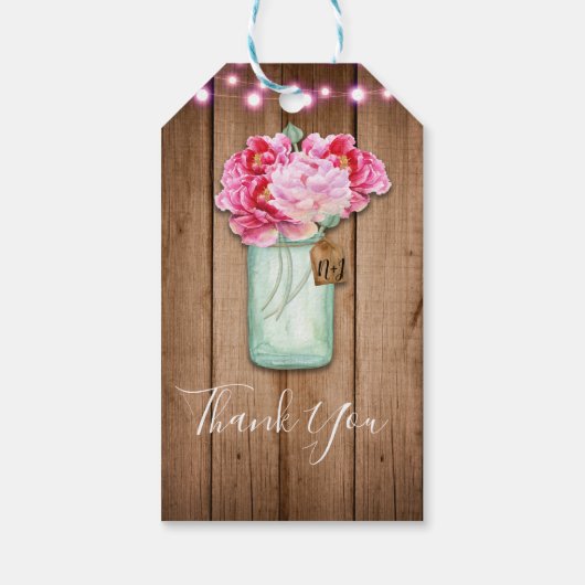 Roze String Lights & Mason Jar Flowers Rustic Wood Cadeaulabel (Achterkant)