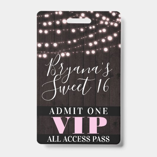 Roze String Lights Sweet 16 Party VIP Pass Badge (Voorzijde)
