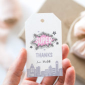 Roze stripboek superheld verjaardag cadeaulabel