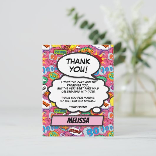 Roze stripboek superheld verjaardagsfeestje bedankkaart (Staand voorkant)