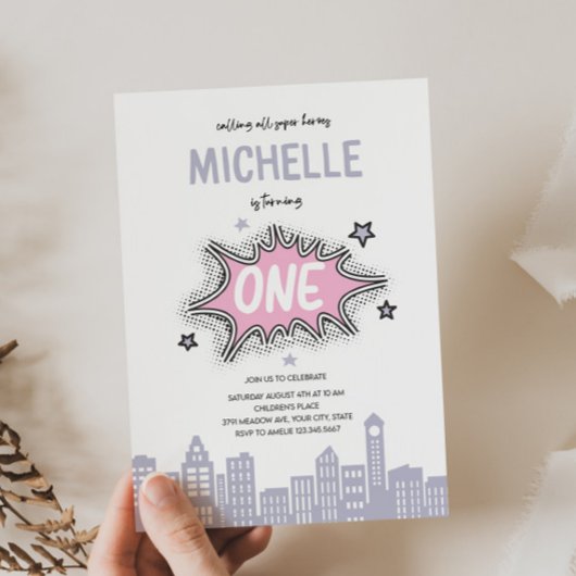 Roze stripboekheld 1e verjaardagsuitnodiging  kaart