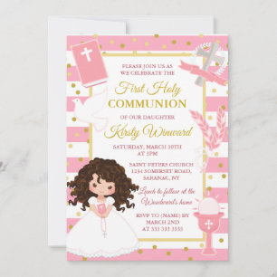 Roze Stripe Brunette Girl First Heilige Communie Kaart