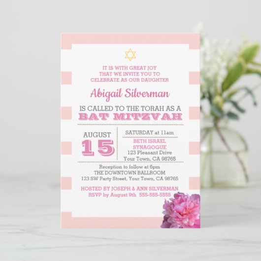 Roze Stripe en Peony Bat Mitzvah Uitnodiging (Staand voorkant)
