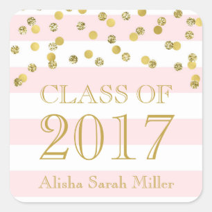 Roze Stripe Gold Confetti Afstuderen Klasse 2017 Vierkante Sticker
