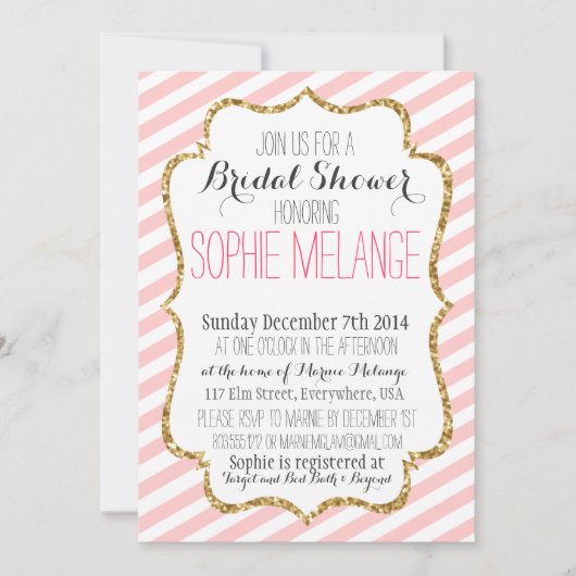 Roze stripe, goudglitter Bridal Shower Invitation Kaart (Voorkant)