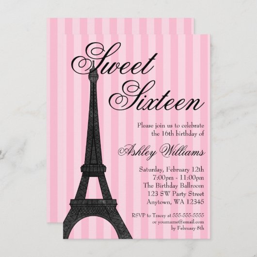 Roze Stripe Paris Geëerd 16 Birthday Kaart (Voorkant / Achterkant)