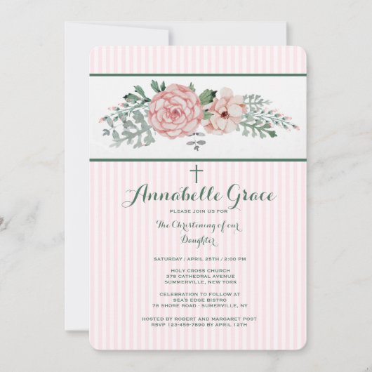 Roze Striped Floral Invitation Kaart (Voorkant)