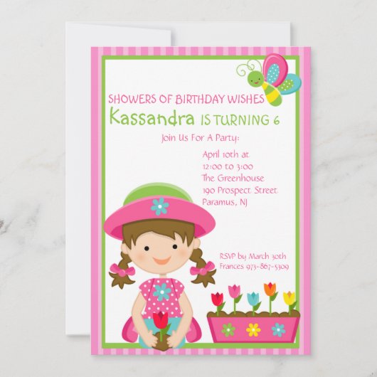 Roze striped Gardening Girl Birthday Invitation Kaart (Voorkant)