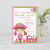 Roze striped Gardening Girl Birthday Invitation Kaart (Staand voorkant)