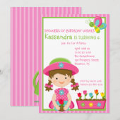 Roze striped Gardening Girl Birthday Invitation Kaart (Voorkant / Achterkant)