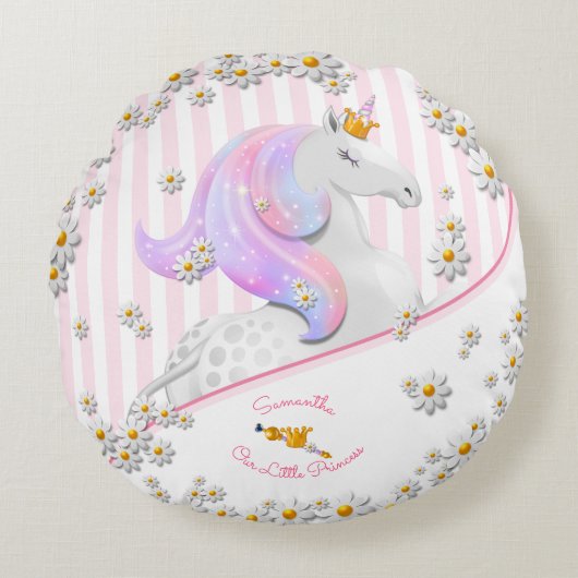 Roze striped Unicorn Princess Nursery Rond Kussen (Voorkant)