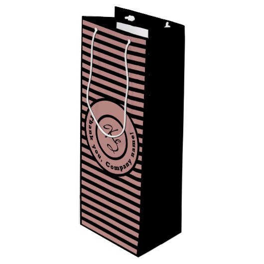 Roze stripes aangepaste monogram en bedrijfsnaam wijn cadeautas (Voorkant Gekanteld)