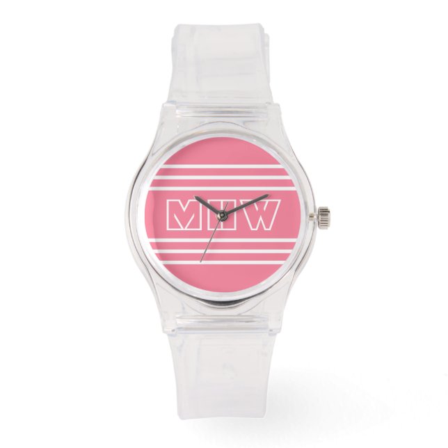 Roze stripes aangepaste monogram horloges (Voorkant)