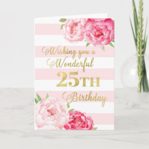 Roze stripes en Flowers Happy 25th Birthday Card Kaart