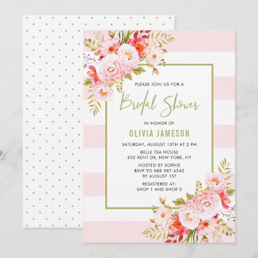 Roze Stripes Floral Bridal Shower Kaart (Voorkant / Achterkant)