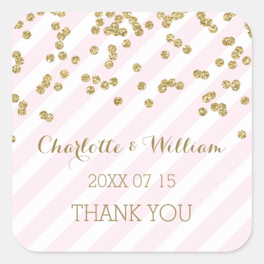 Roze Stripes Gold Confetti Wedding Favor Labels (Voorkant)
