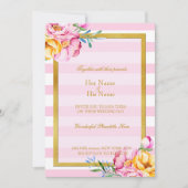 Roze Stripes Gold Lijst Flower Wedding Invitation Kaart (Voorkant)