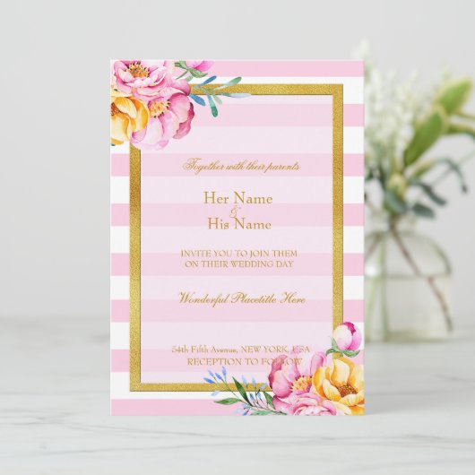 Roze Stripes Gold Lijst Flower Wedding Invitation Kaart (Staand voorkant)