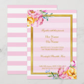 Roze Stripes Gold Lijst Flower Wedding Invitation Kaart (Voorkant / Achterkant)